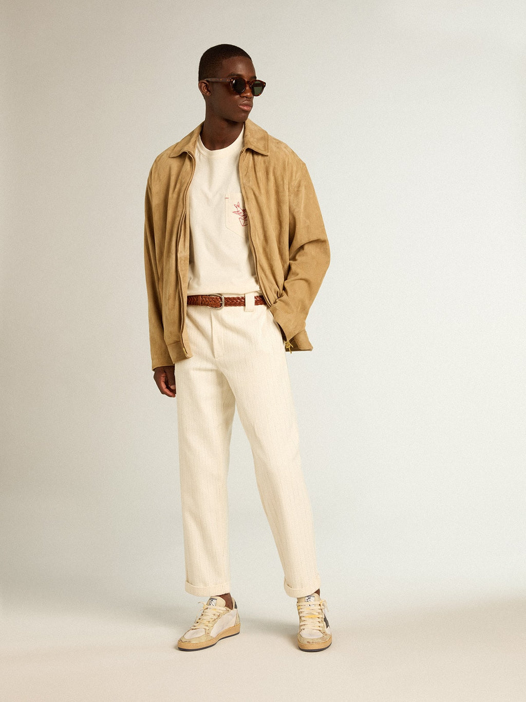Aged white cotton pinstripe chino pants