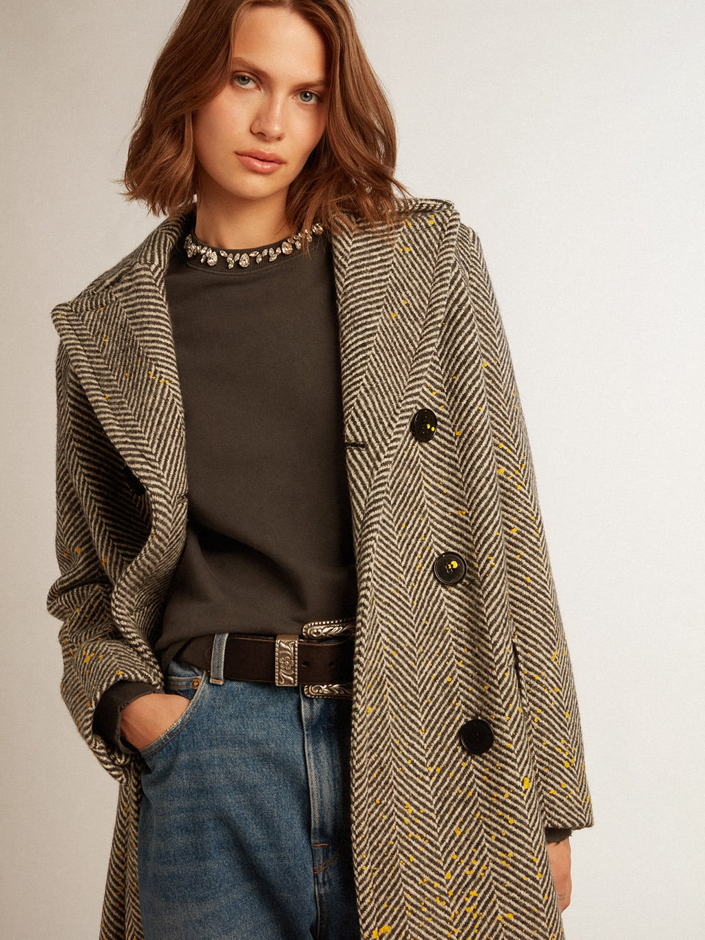 Women's long herringbone coat with yellow details| Golden Goose