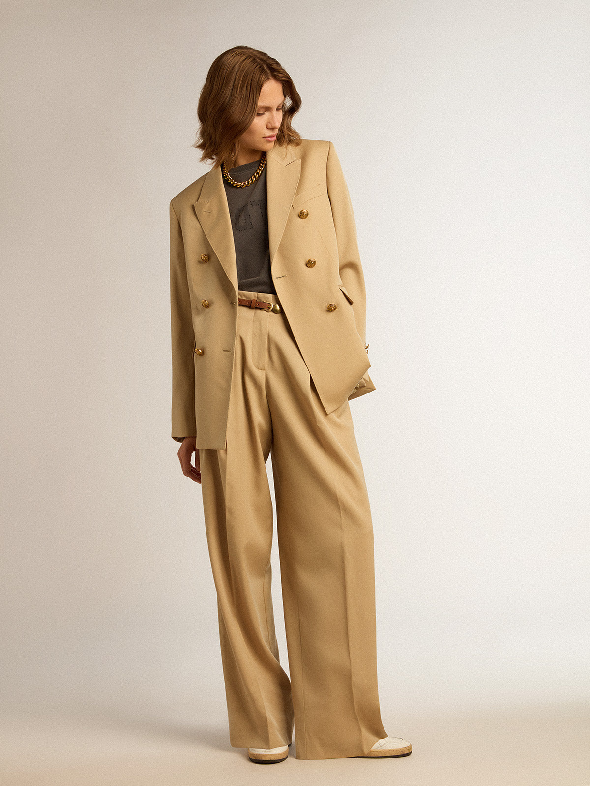 Women's double-breasted blazer in sand with gold heraldic buttons| Golden Goose