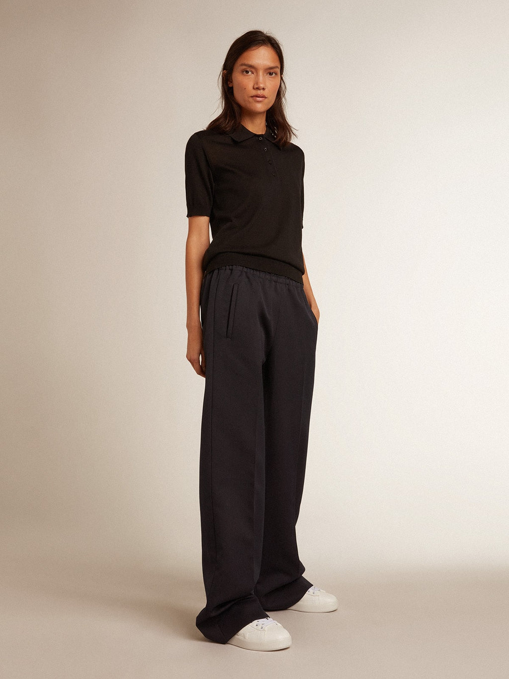 Women's polo shirt in black merino wool| Golden Goose