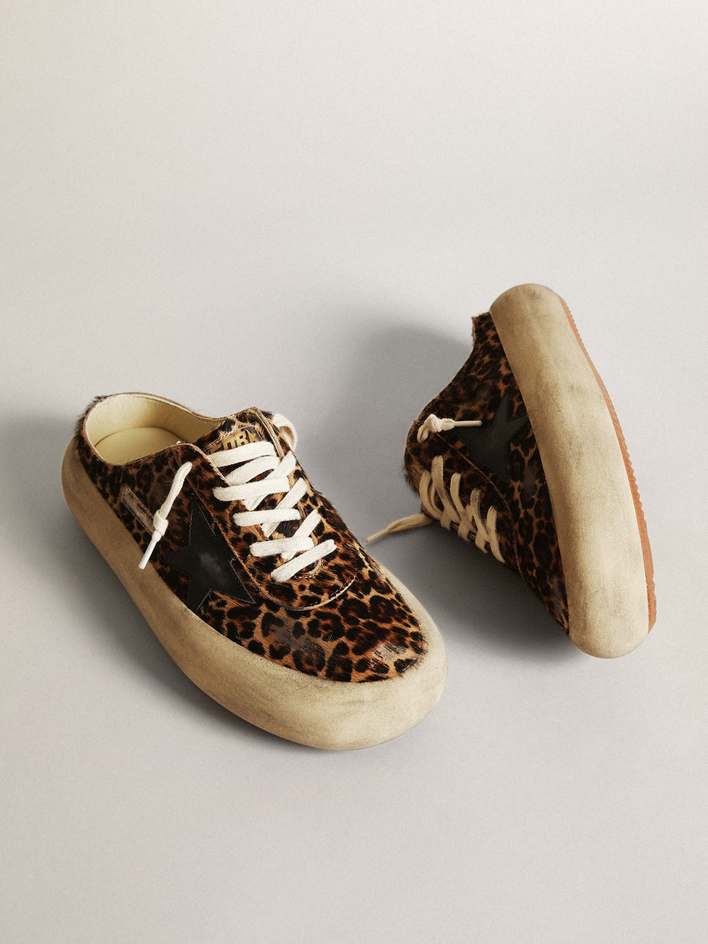 Women's Space-Star Sabot in leopard print pony skin with black star| Golden Goose