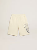 Boys' Bermuda shorts in aged white with print on the front| Golden Goose