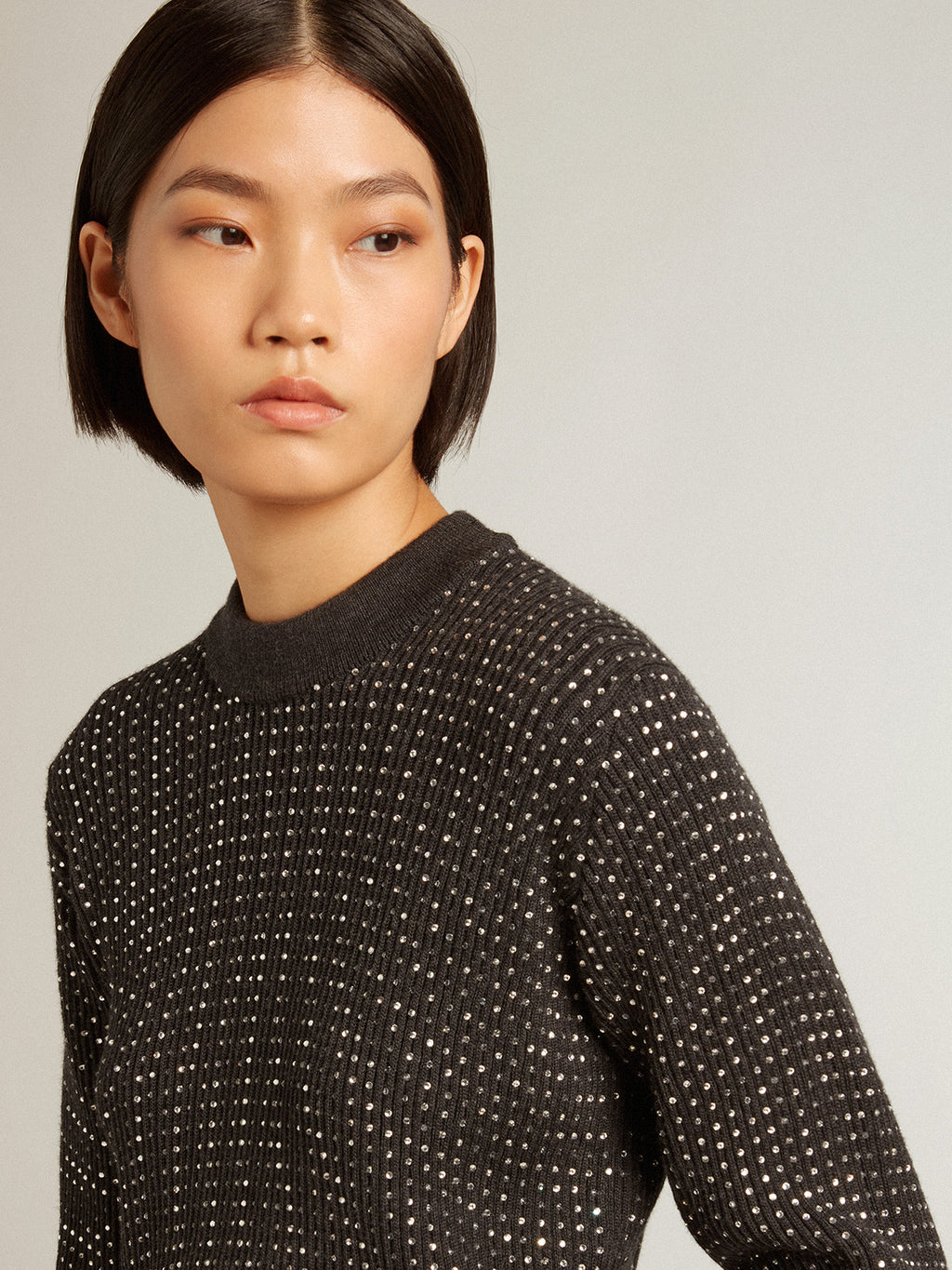 Round-neck sweater in merino wool with all-over crystals| Golden Goose