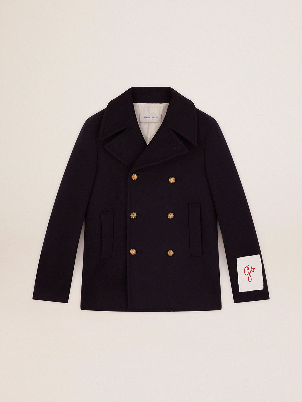 Men's double-breasted coat in dark blue wool with gold buttons| Golden Goose