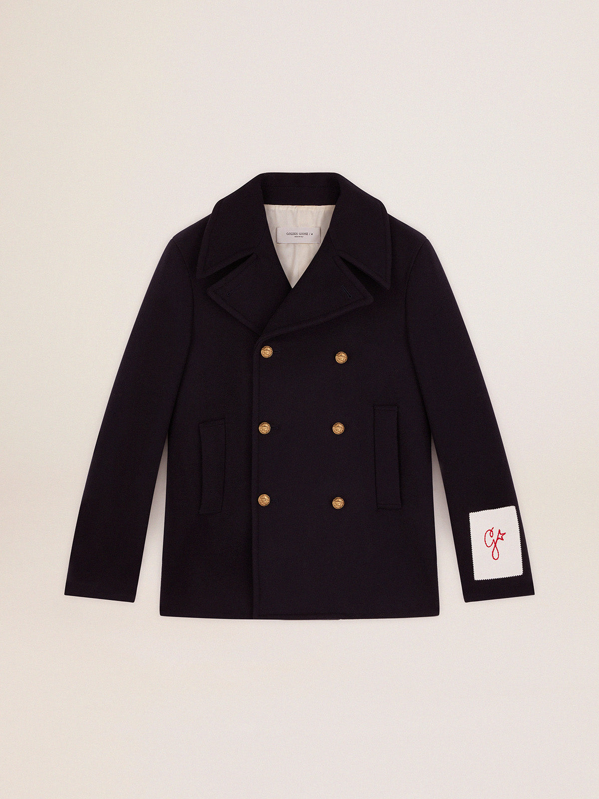 Men's double-breasted coat in dark blue wool with gold buttons| Golden Goose