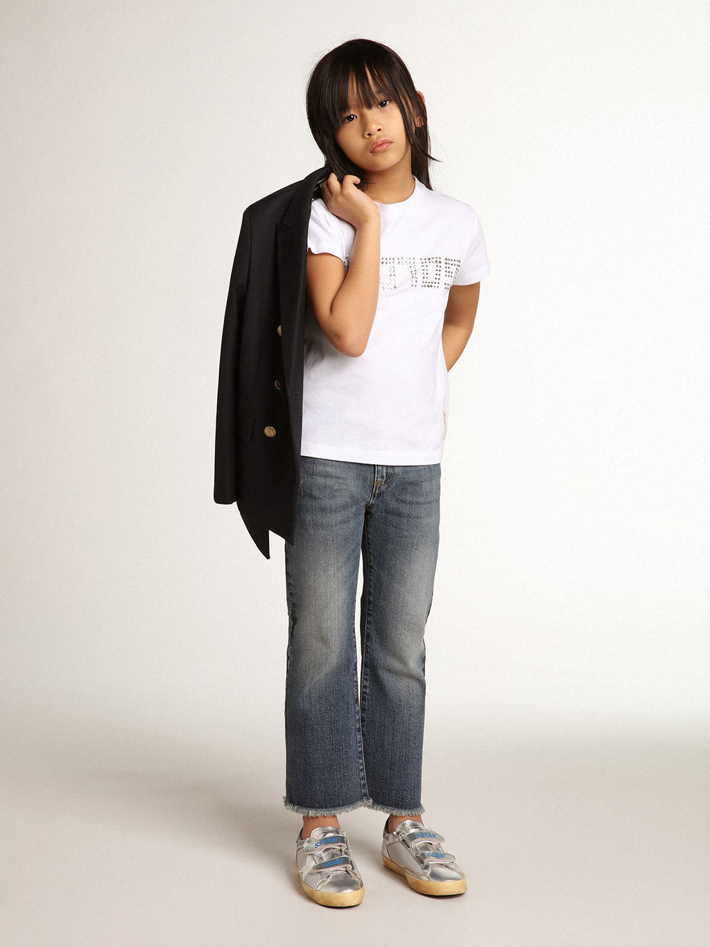 White T-shirt with central Golden lettering in crystals| Golden Goose