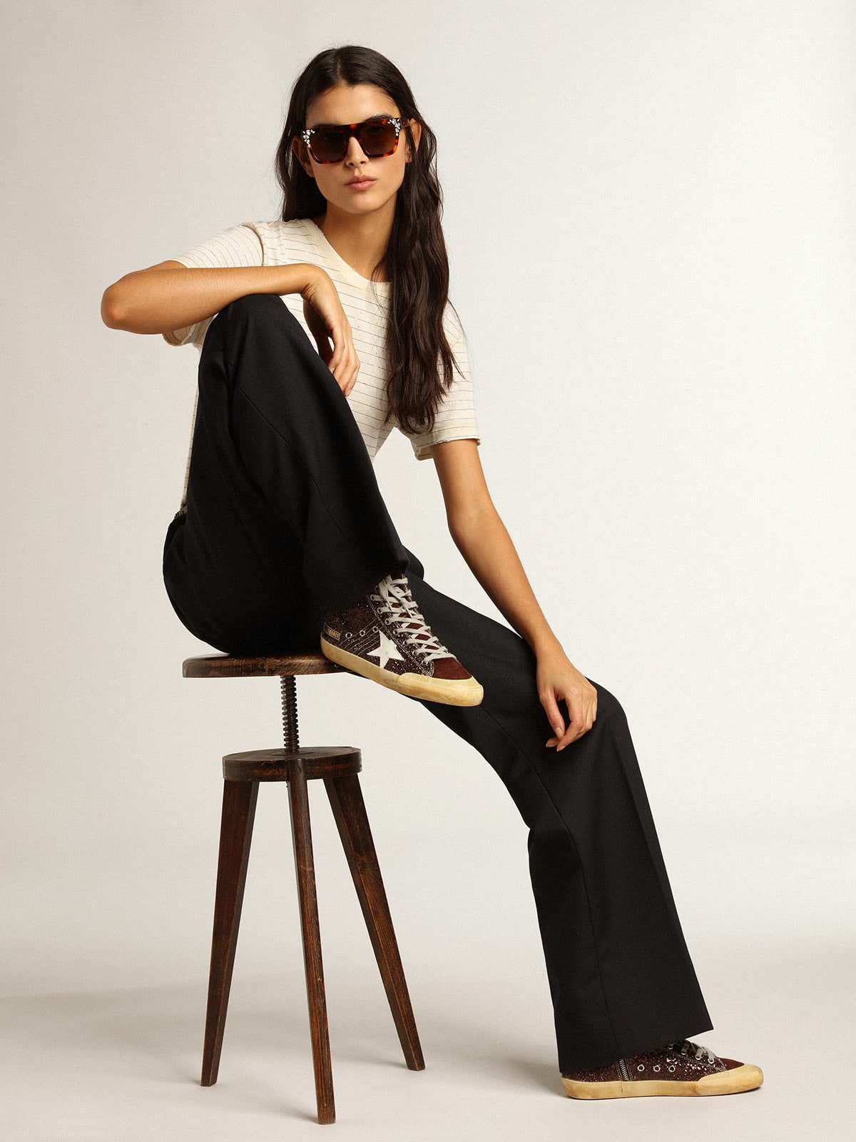 Francy Penstar in brown glitter with white leather star| Golden Goose