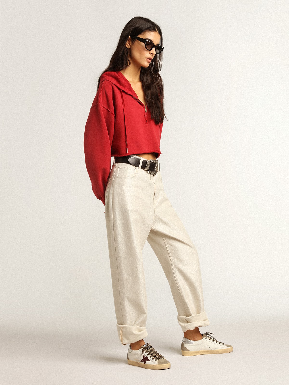 Super-Star with burgundy glitter star and silver heel tab| Golden Goose