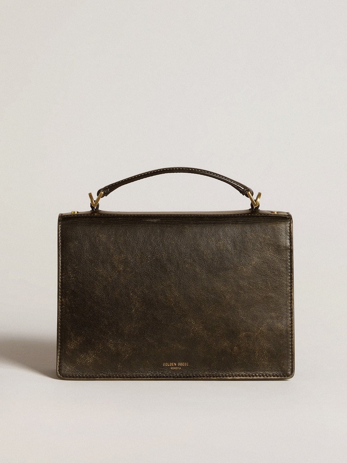 Venezia Bag in black distressed leather with gold details| Golden Goose