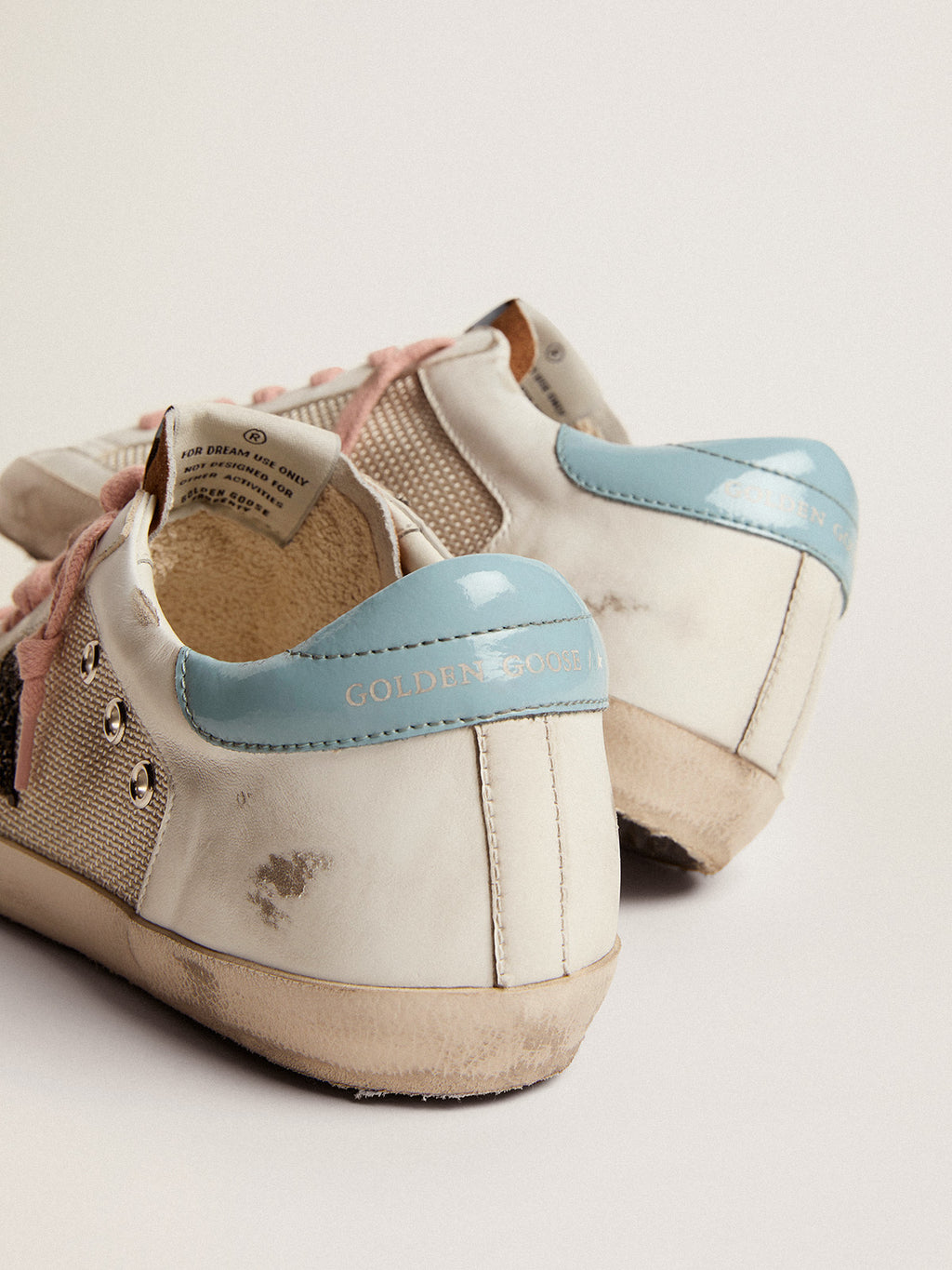 Super-Star sneakers in light gray mesh and white leather with black glitter star| Golden Goose