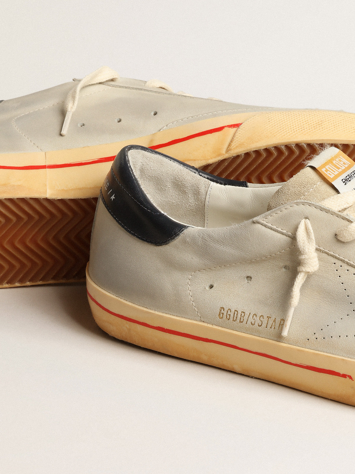 Super-Star in gray nubuck with perforated star and blue heel tab| Golden Goose