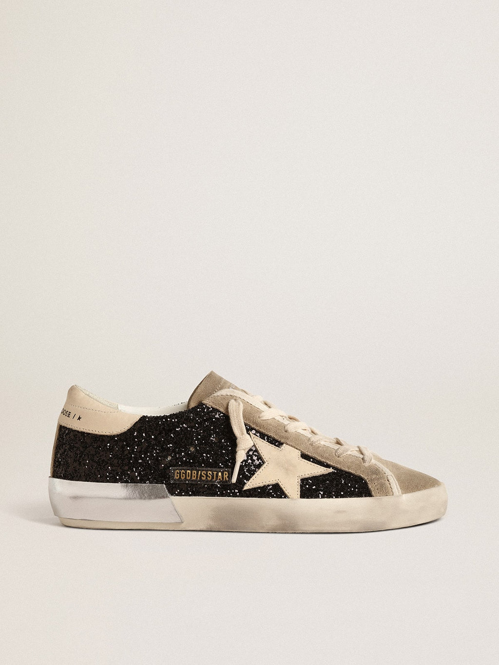 Super-Star in black glitter with cream star and suede inserts| Golden Goose