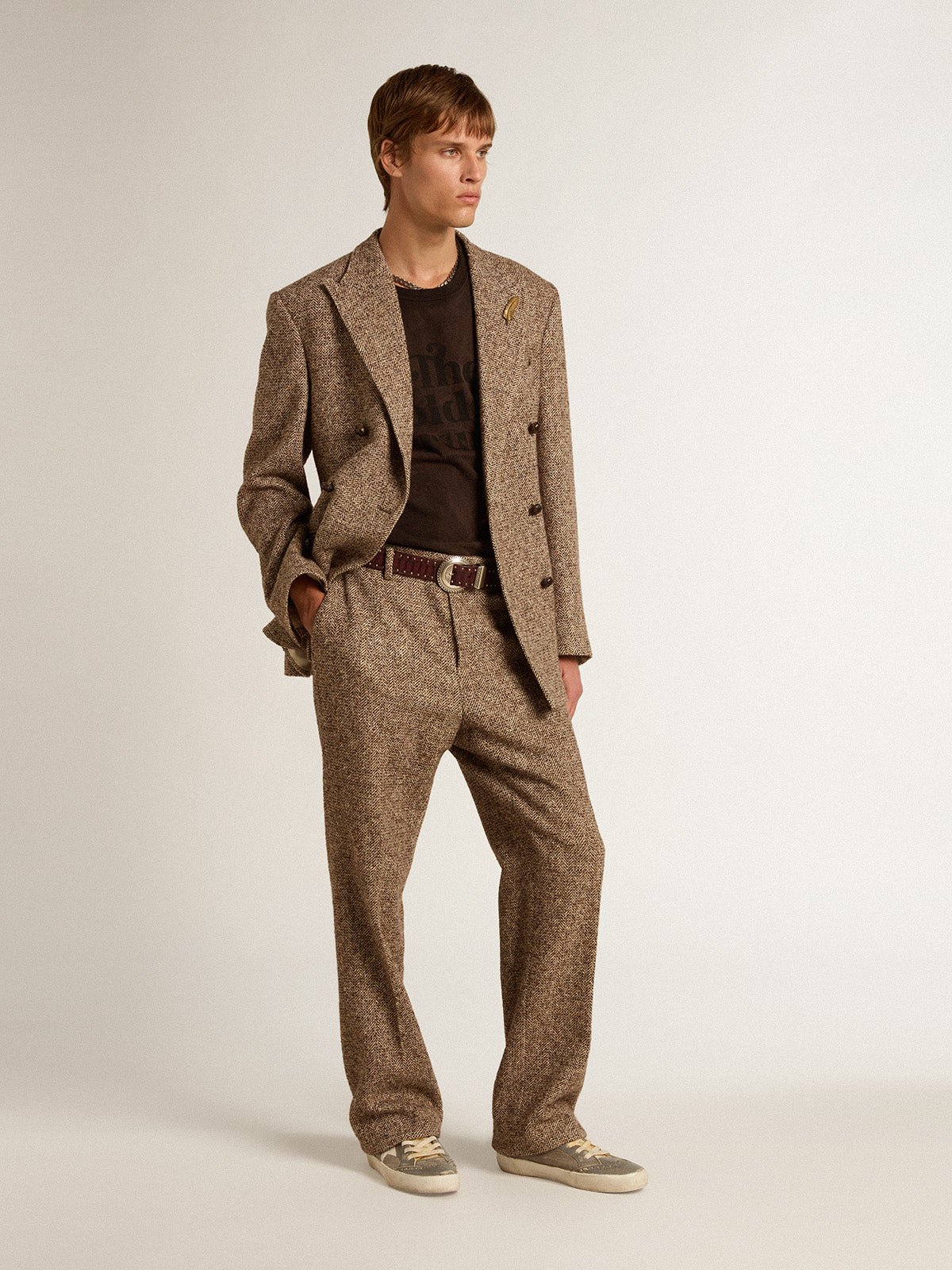 Men's brown double-breasted blazer with button fastening| Golden Goose