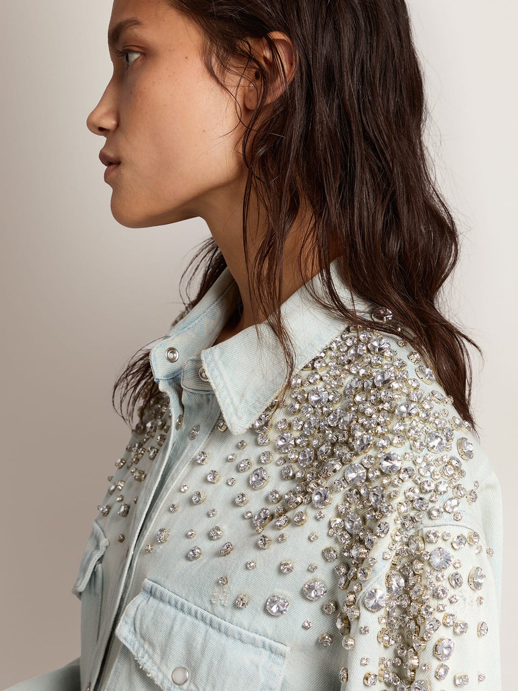 Women's bleached boyfriend shirt with cabochon crystals| Golden Goose
