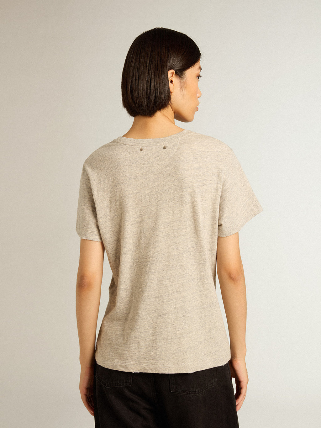Women's gray melange cotton T-shirt with embroidered lettering| Golden Goose