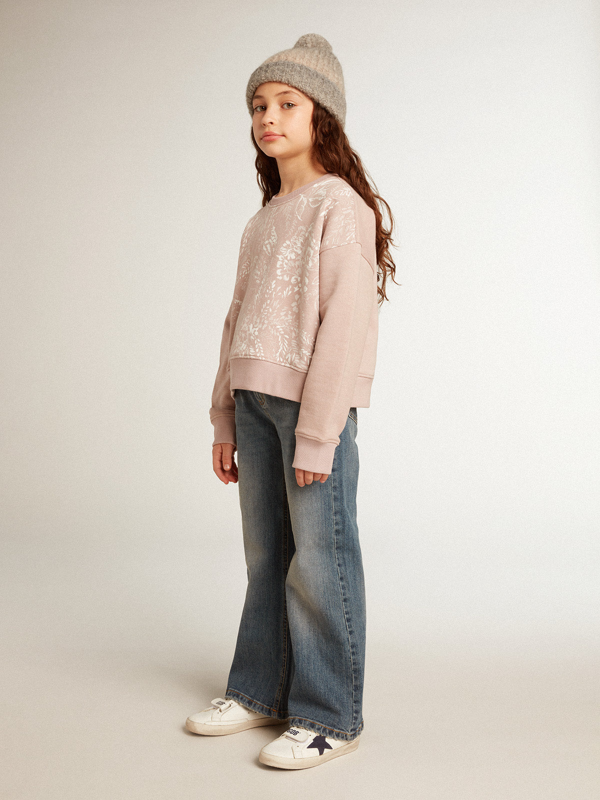 Cropped sweatshirt in pink cotton with toile de jouy print| Golden Goose
