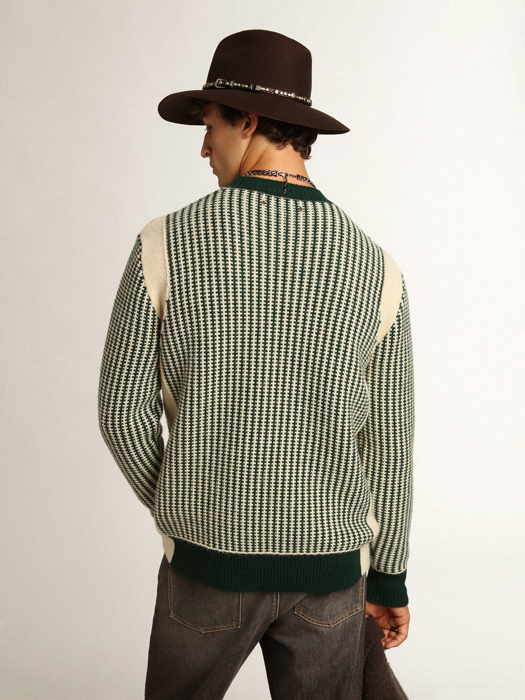 Men's round-neck sweater in two-tone white and green wool| Golden Goose