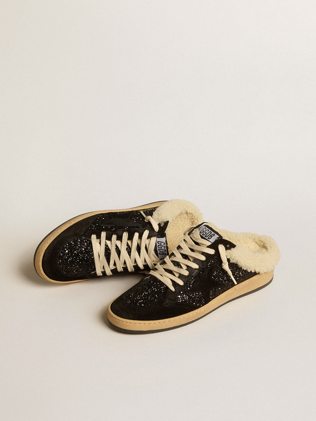 Ball Star Sabots in black glitter with black star and shearling lining| Golden Goose