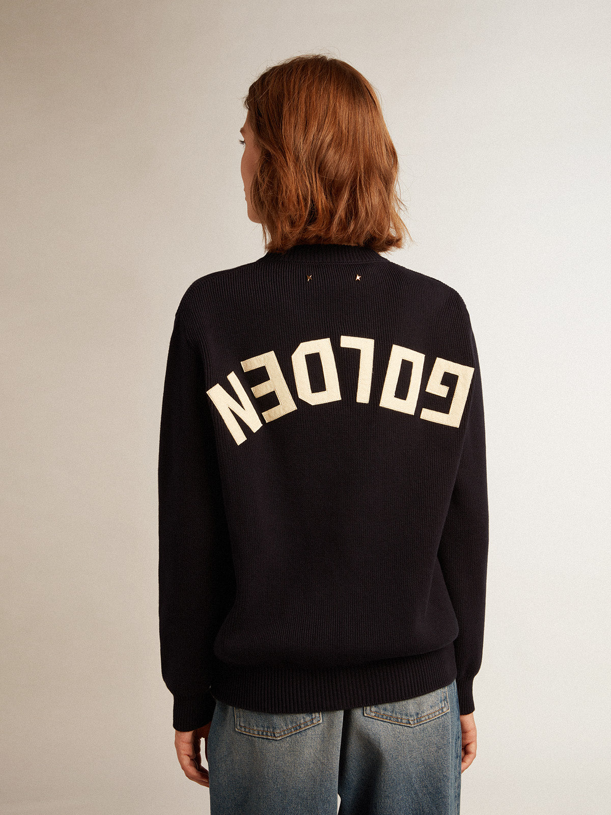 Women's round-neck sweater in dark blue cotton with logo on the back| Golden Goose