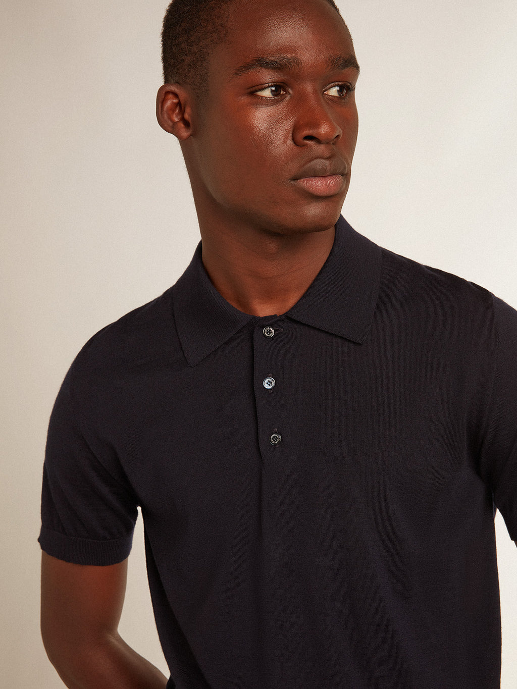 Men's short-sleeved polo shirt in navy-blue merino wool| Golden Goose