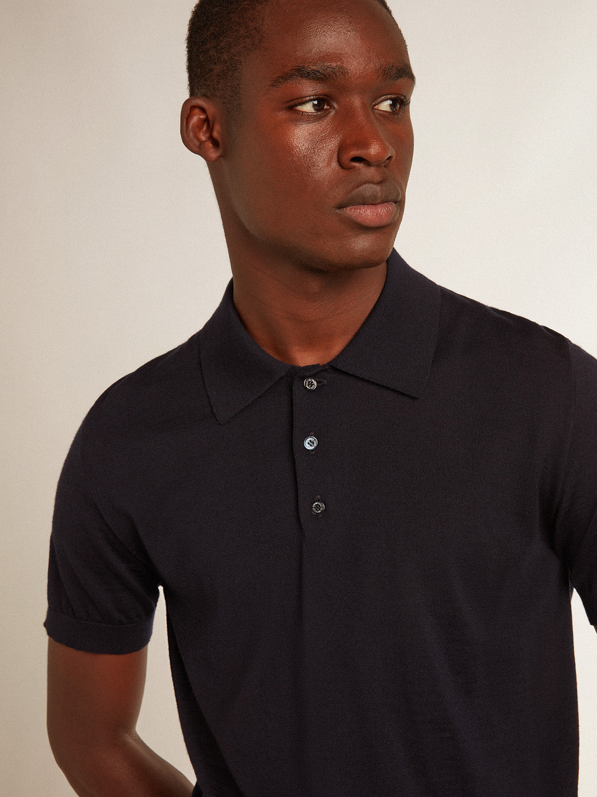 Men's short-sleeved polo shirt in navy-blue merino wool| Golden Goose