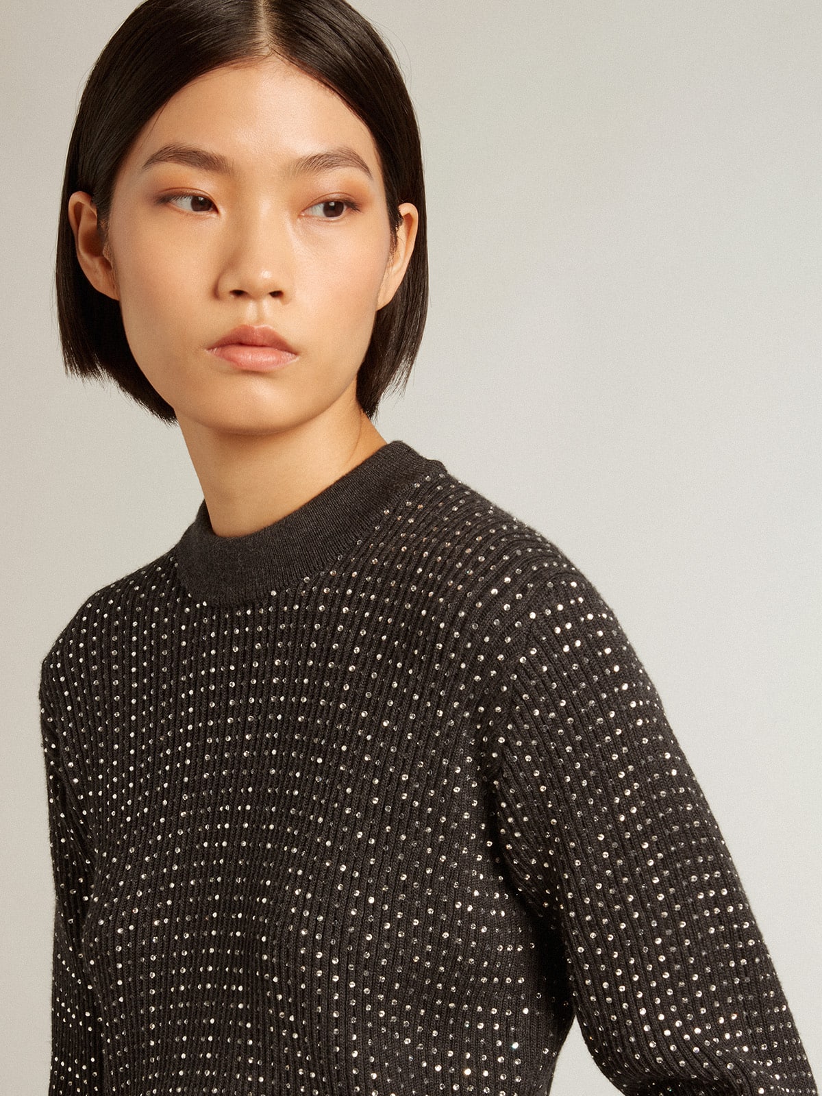 Round-neck sweater in merino wool with all-over crystals| Golden Goose