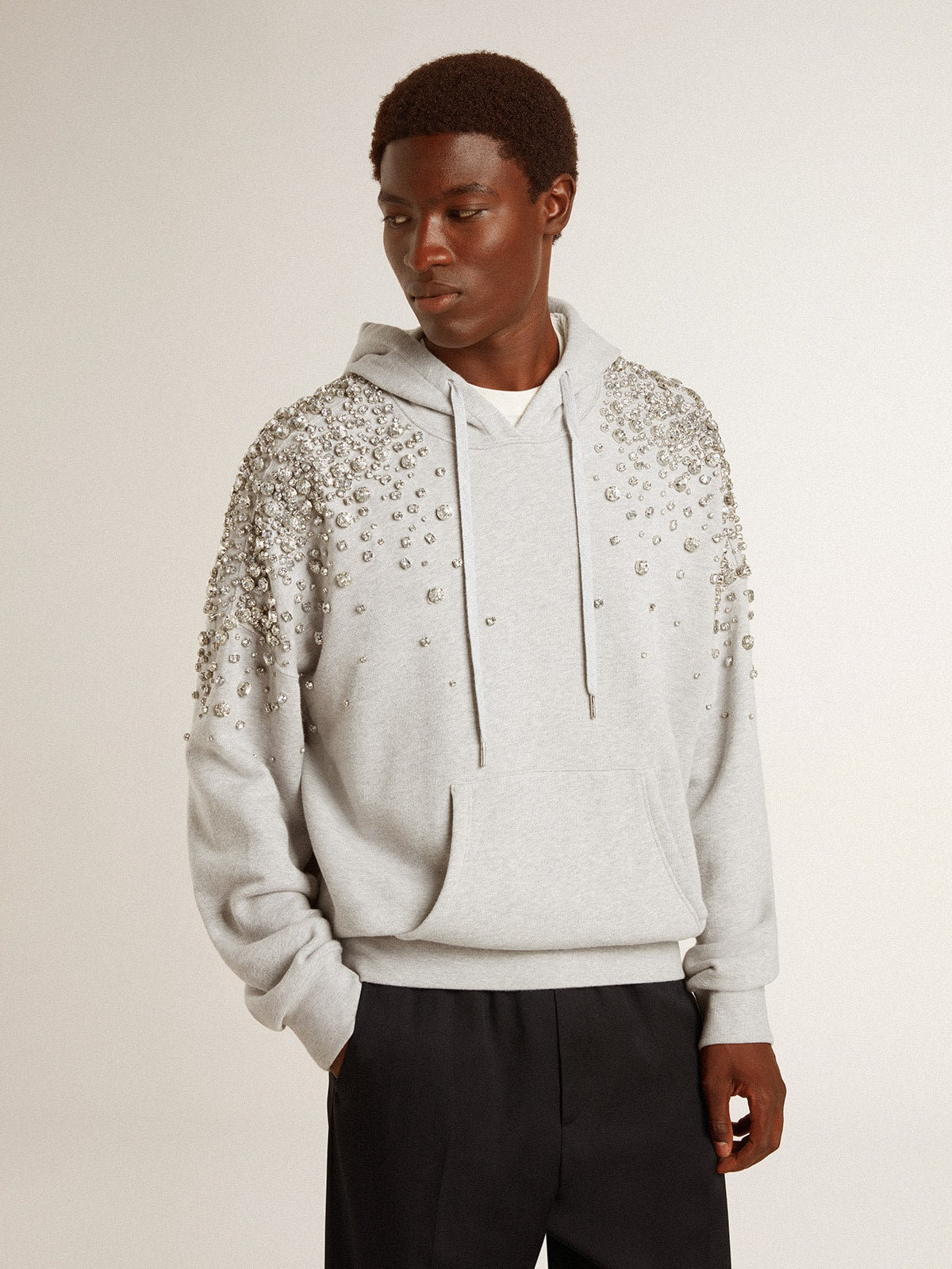 Gray hooded sweatshirt with crystal decoration| Golden Goose