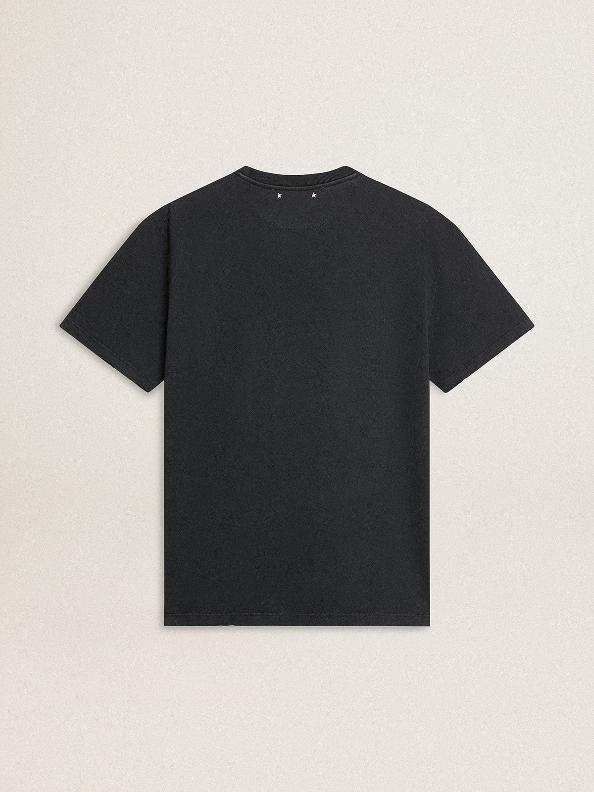 Men's worn-black cotton T-shirt with print on the front| Golden Goose