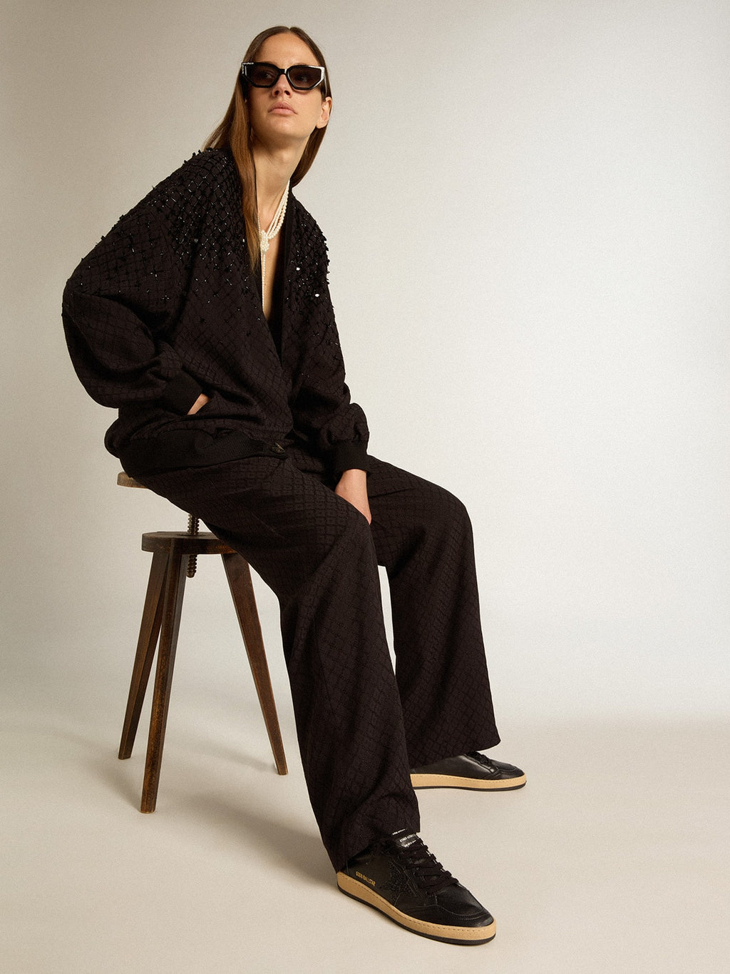 Women's Ball Star in black nappa with black glitter star and suede heel tab| Golden Goose