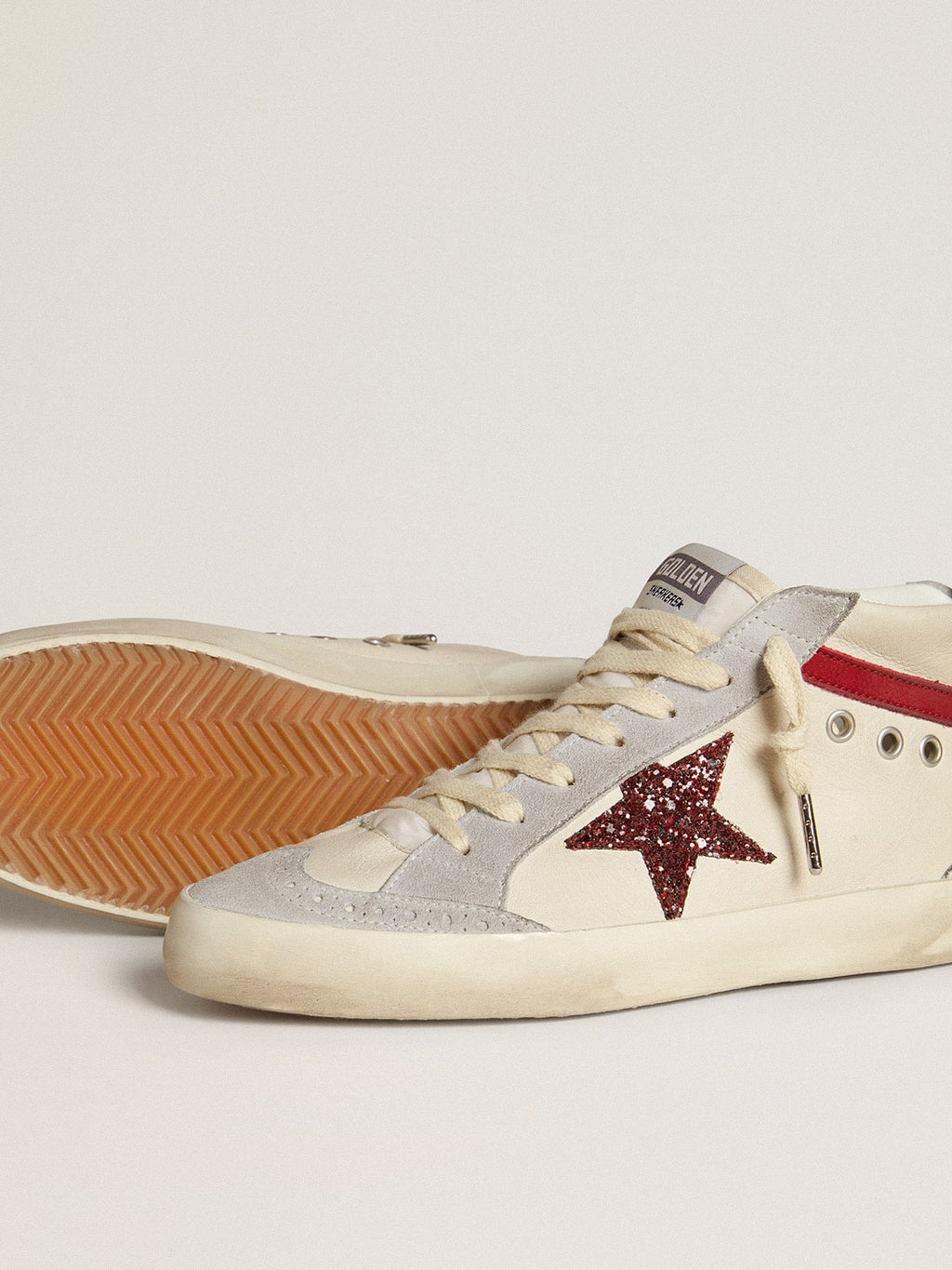 Women's Mid Star in leather with glitter star and red nubuck flash| Golden Goose