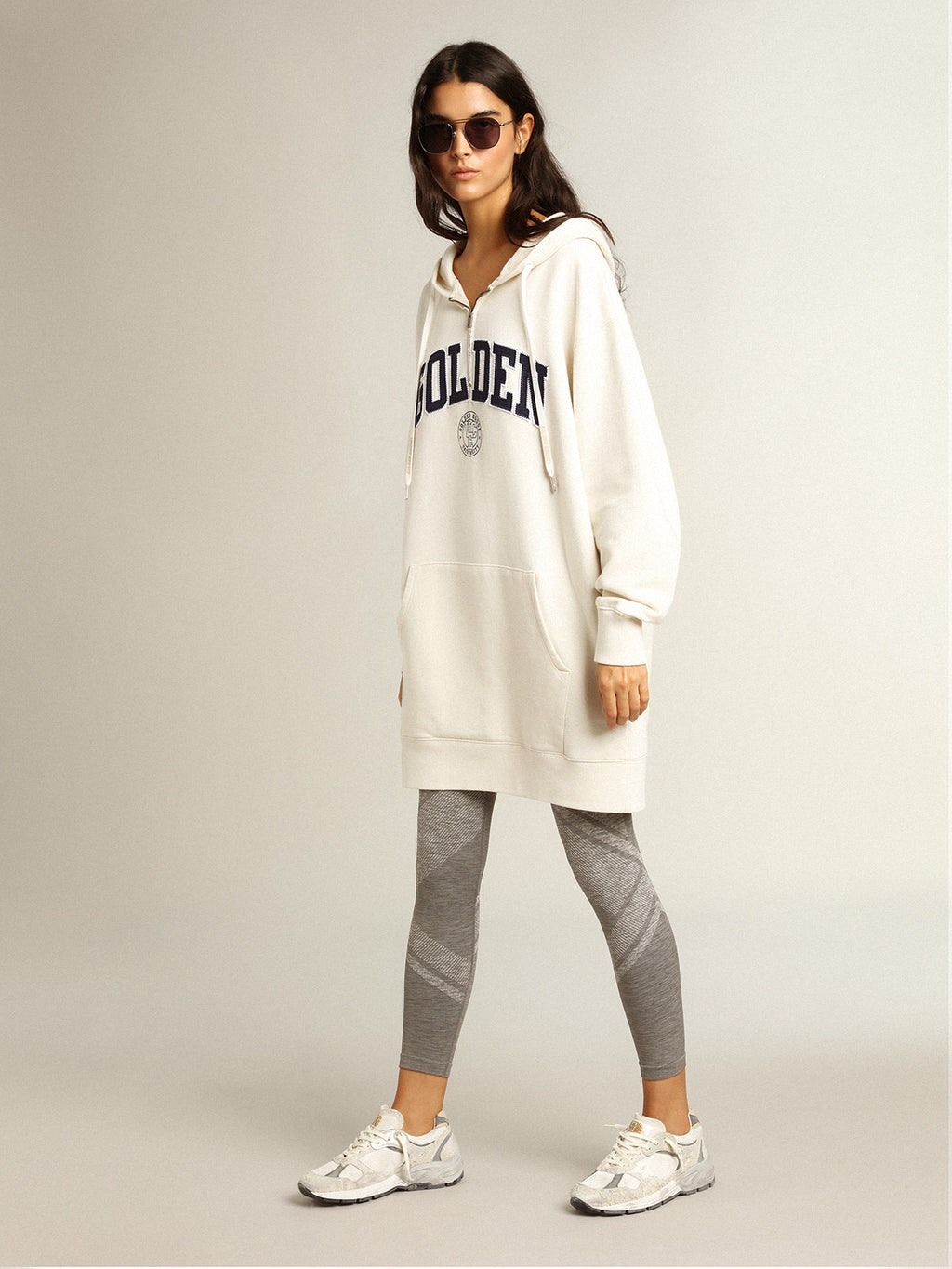 White sweatshirt dress with hood and Golden patch| Golden Goose