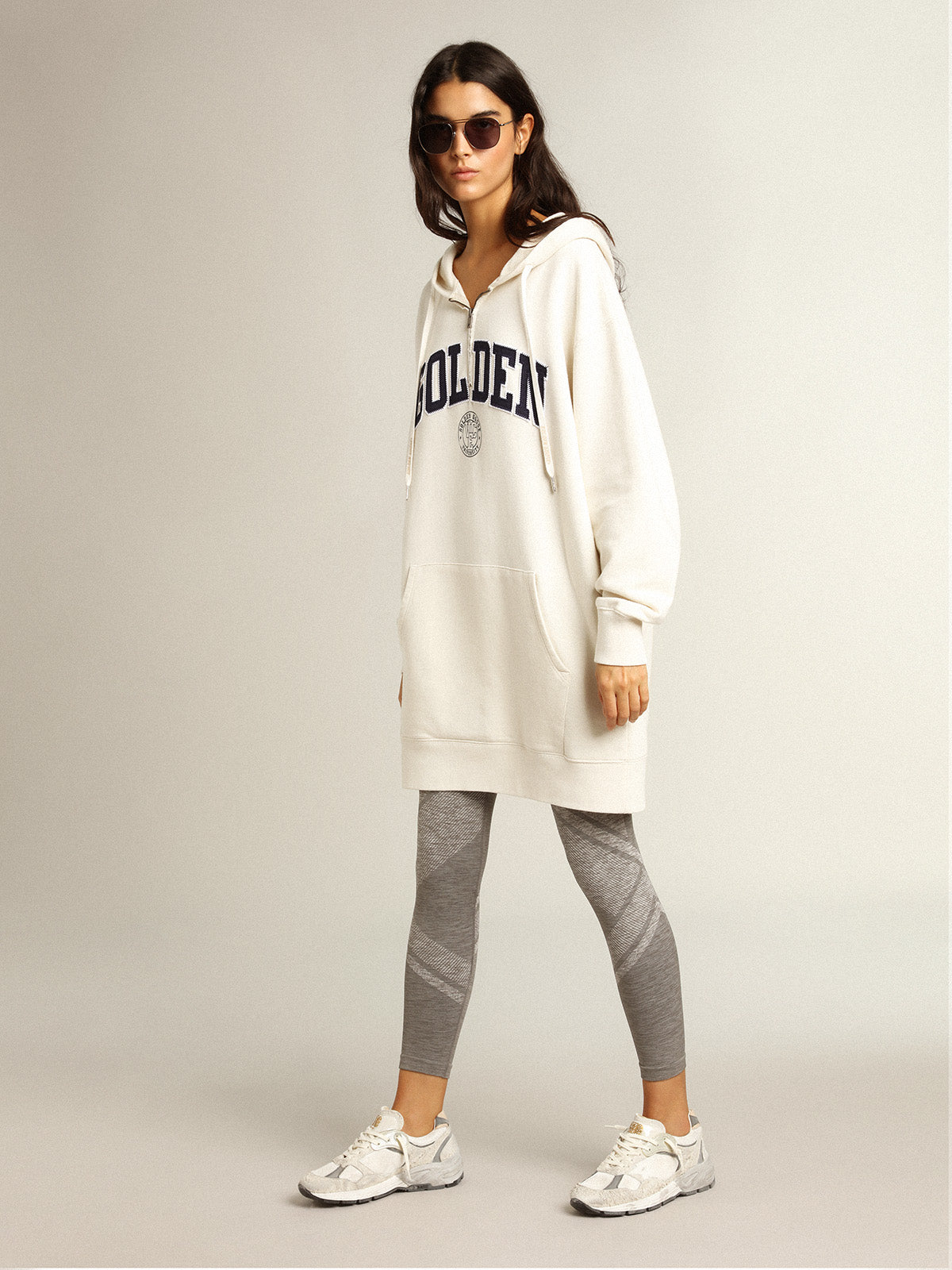 White sweatshirt dress with hood and Golden patch| Golden Goose