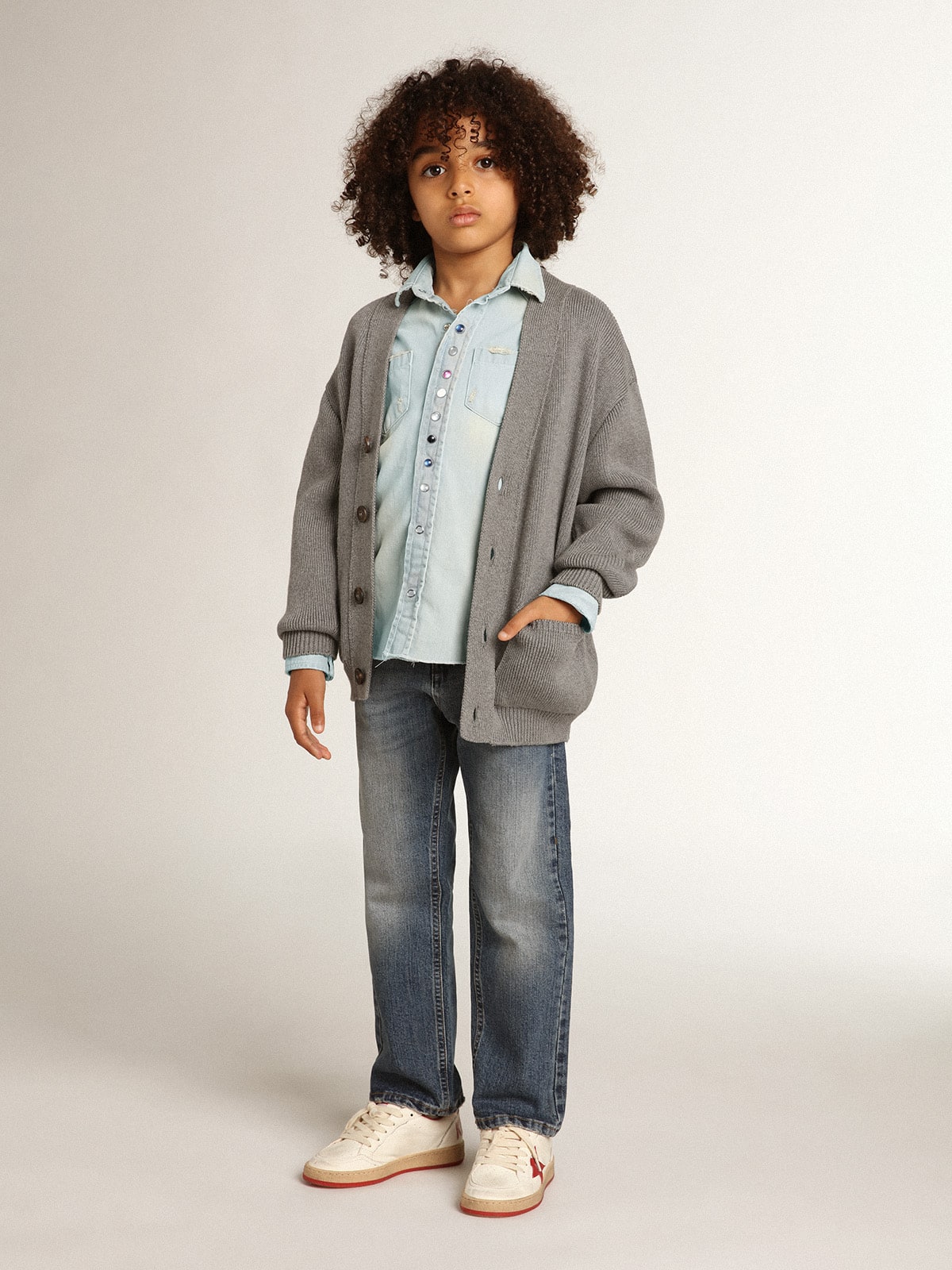 Gray cotton cardigan with logo on the back| Golden Goose