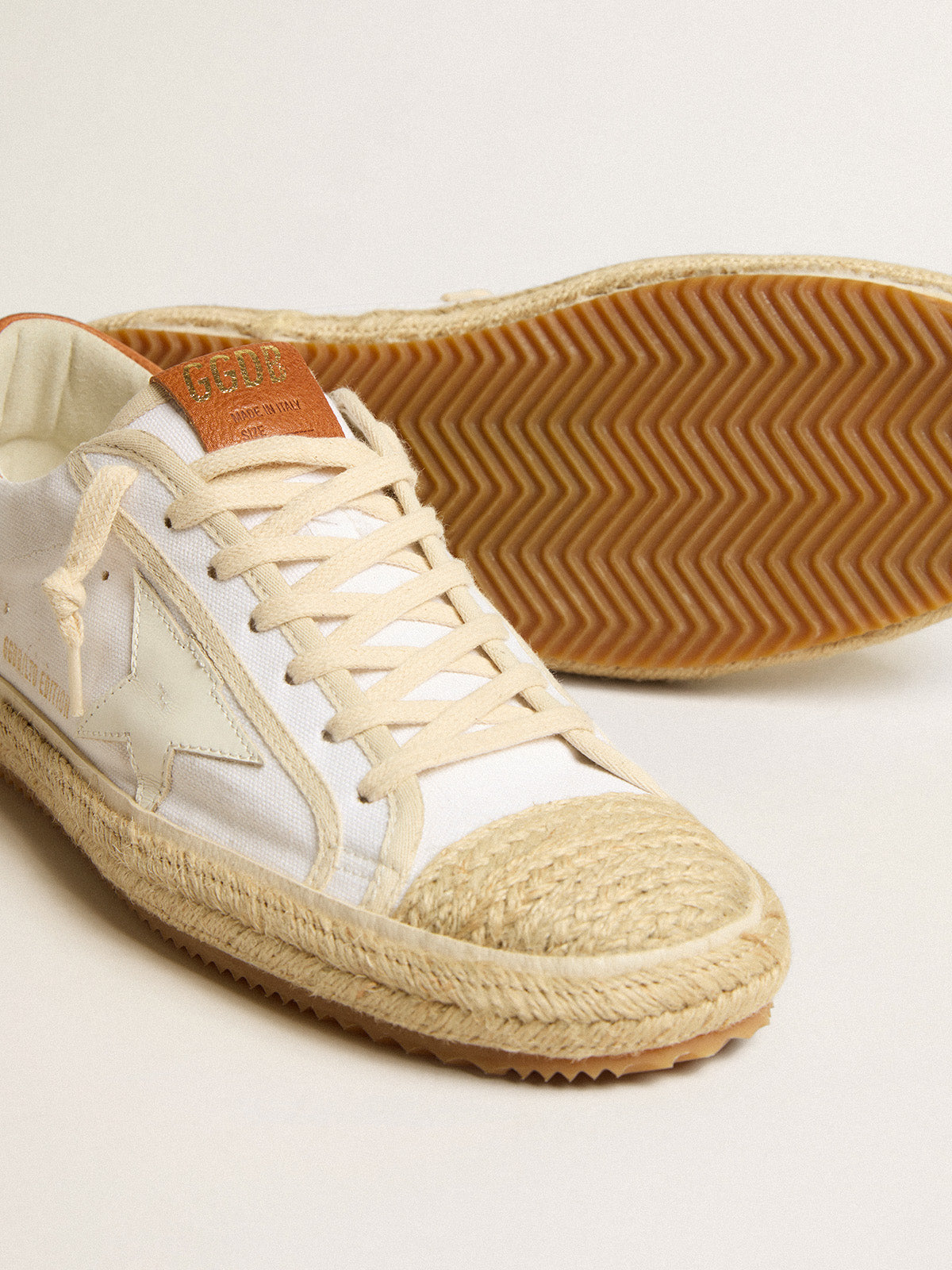 Men's Super-Star LTD in canvas with white leather star and raffia toe| Golden Goose
