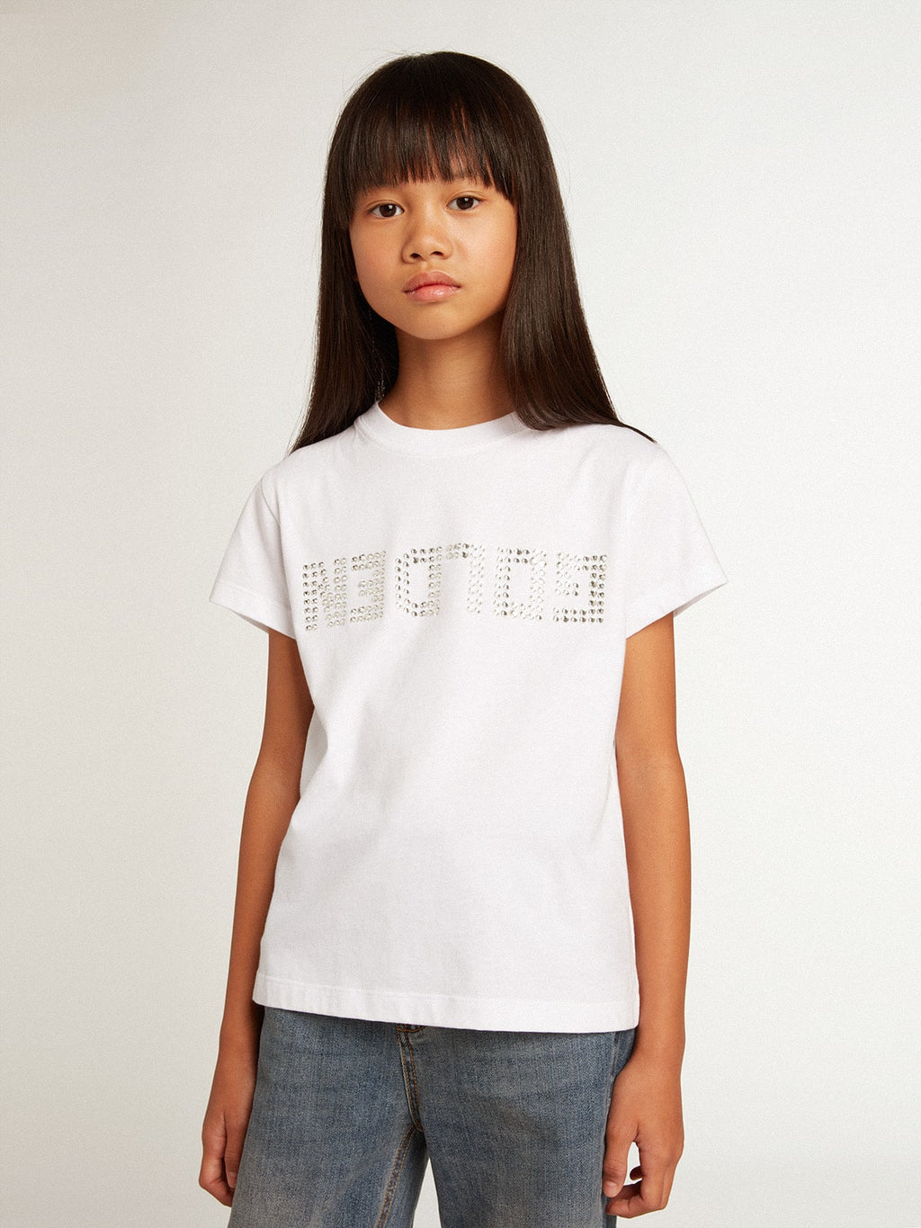 White T-shirt with central Golden lettering in crystals| Golden Goose