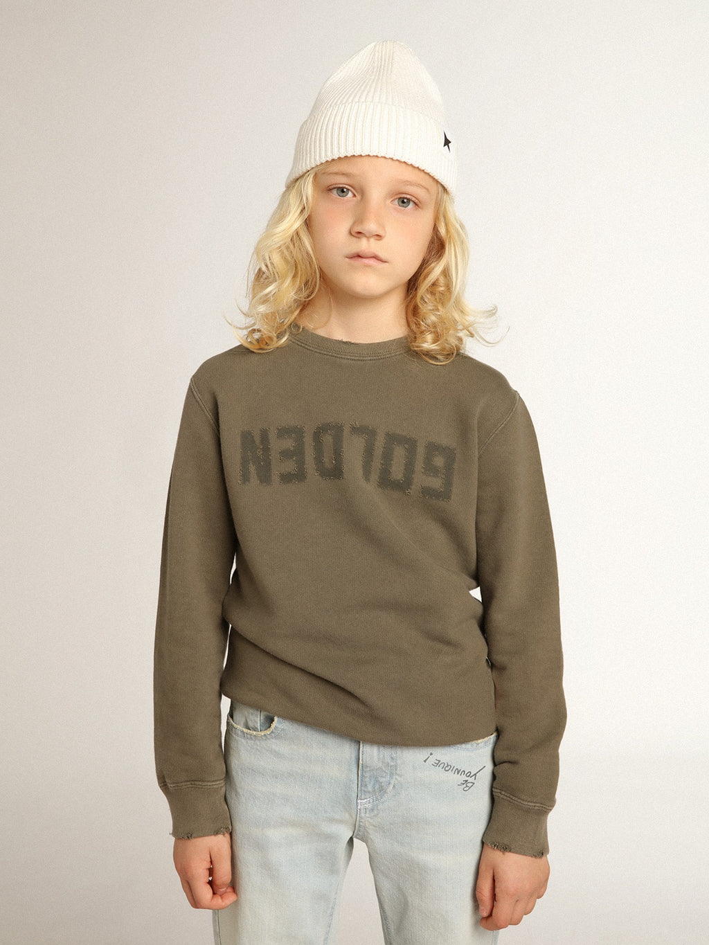 Distressed olive-green sweatshirt with Golden lettering on the front| Golden Goose