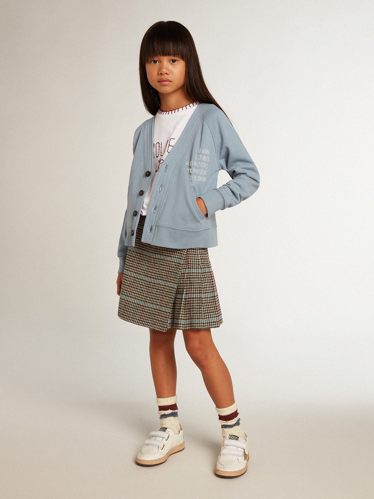 Girls' light blue cotton cardigan with beaded lettering| Golden Goose