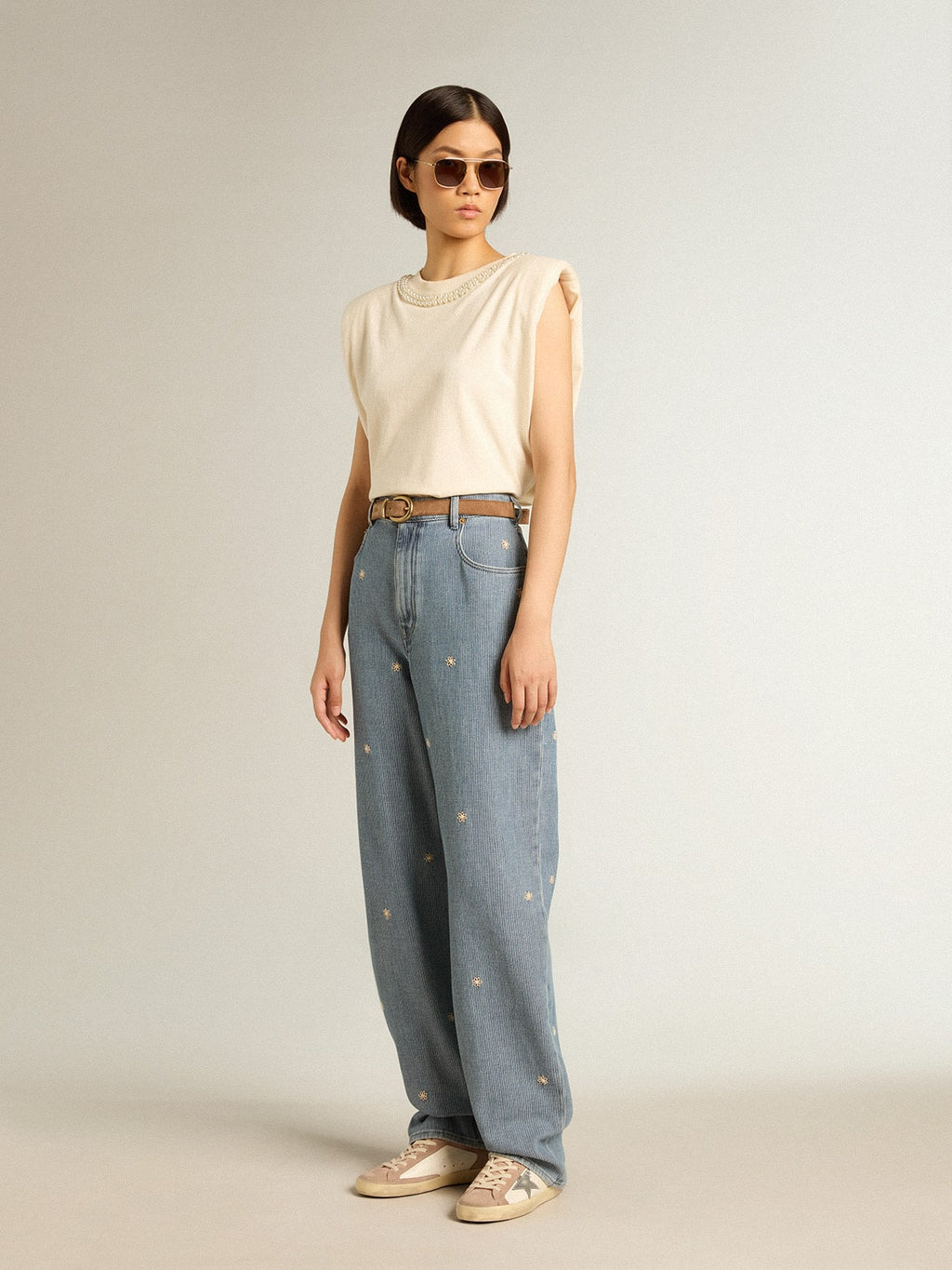 Women's cotton denim pants with floral embroidery| Golden Goose