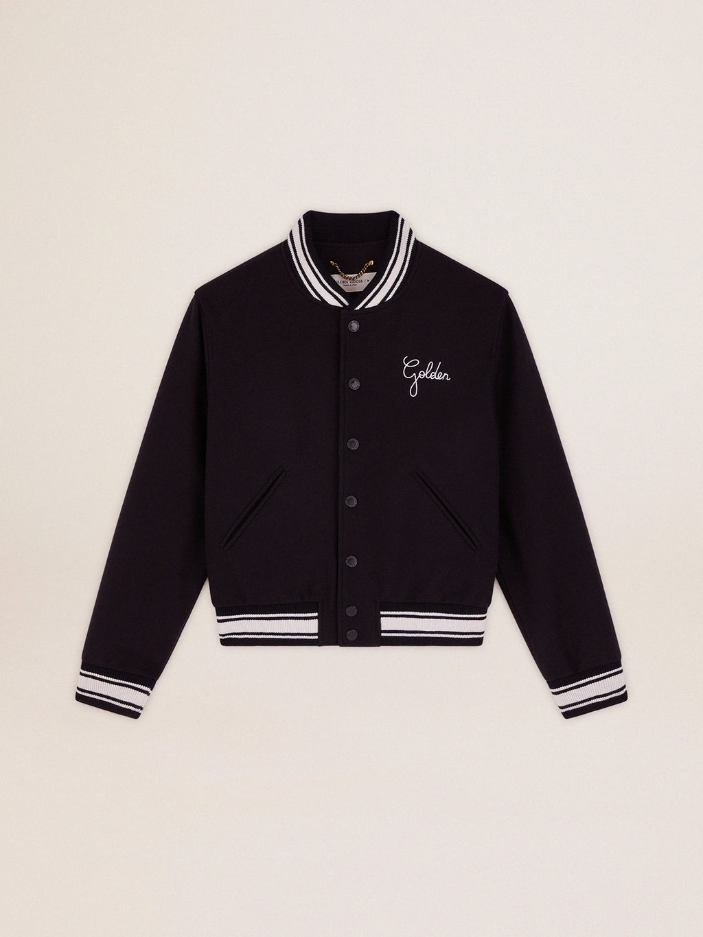 Women's bomber jacket in dark blue wool with white details| Golden Goose