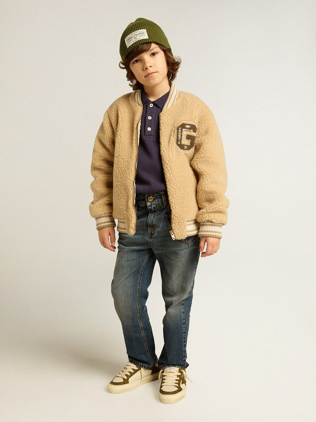 Kids beige fleece bomber jacket| Golden Goose