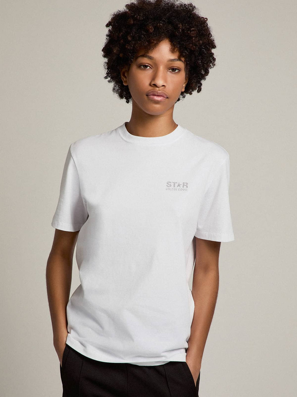 Women's white T-shirt with silver glitter logo and star| Golden Goose