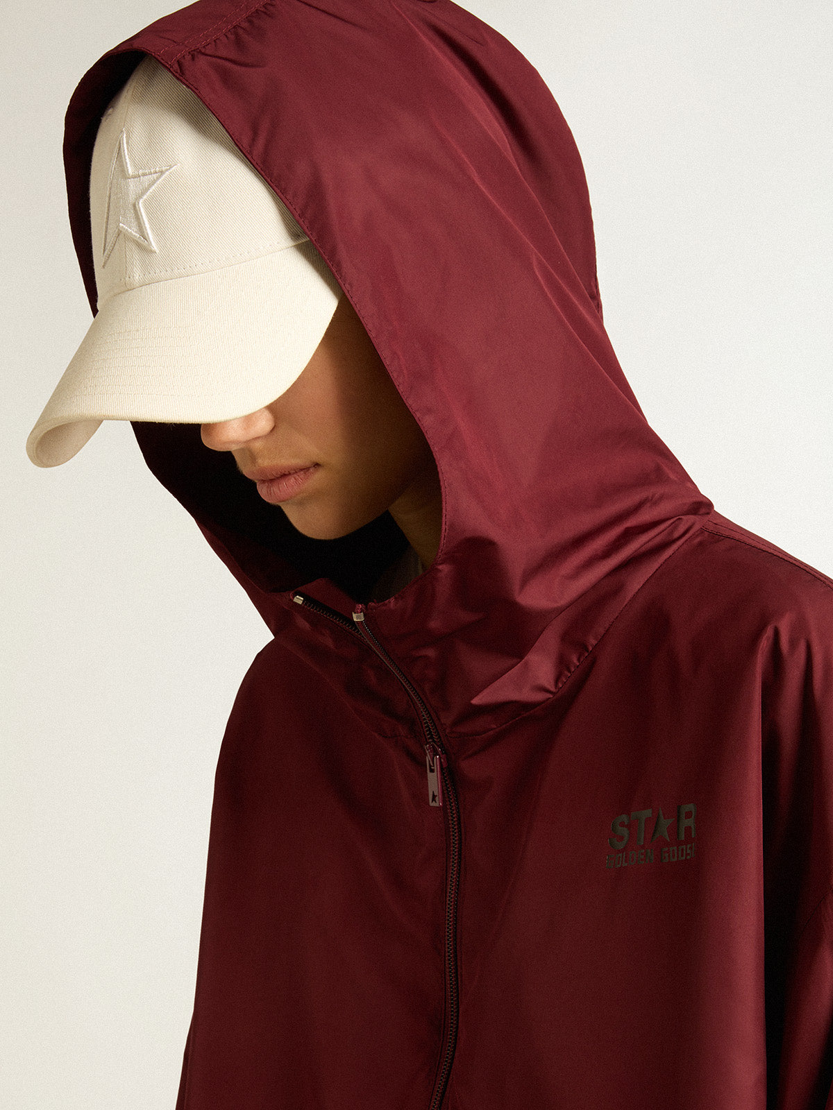 Burgundy windbreaker with hood| Golden Goose