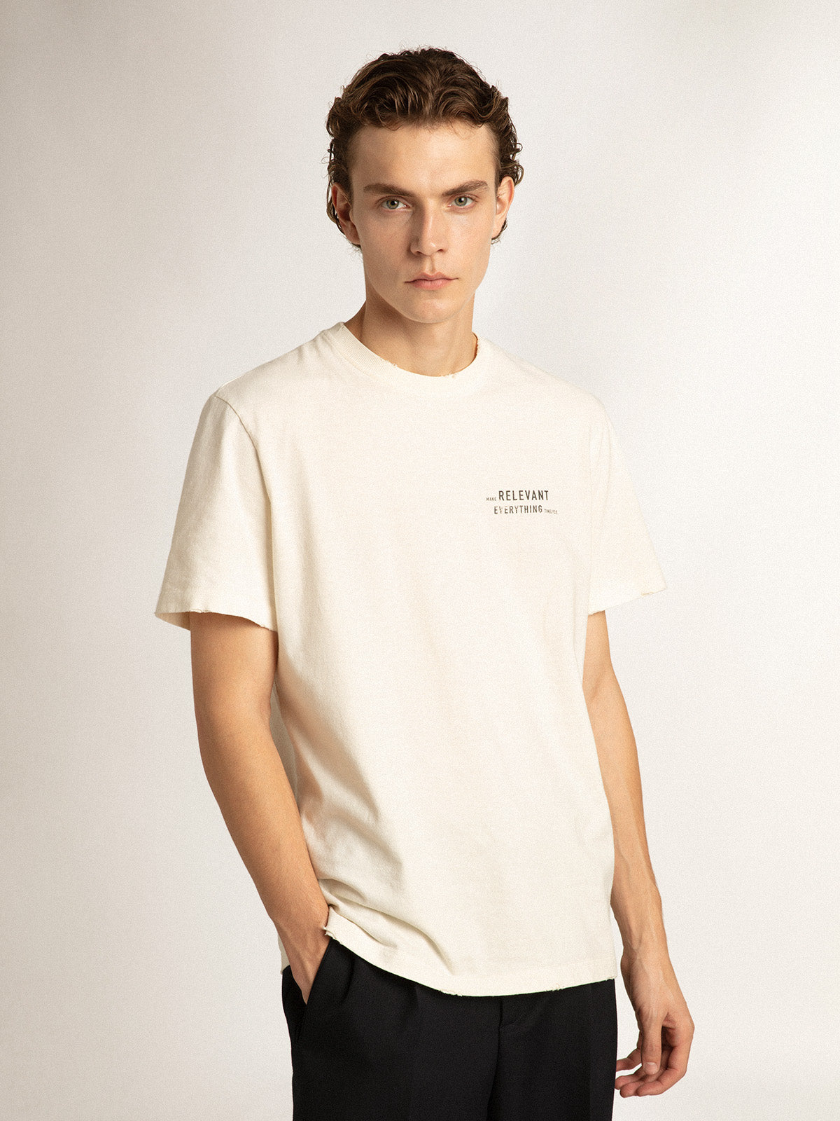 Distressed-finish white T-shirt with lettering| Golden Goose