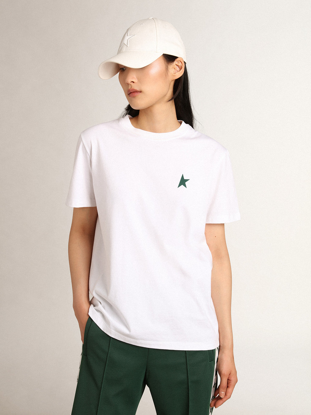 Women's white T-shirt with green star on the front| Golden Goose