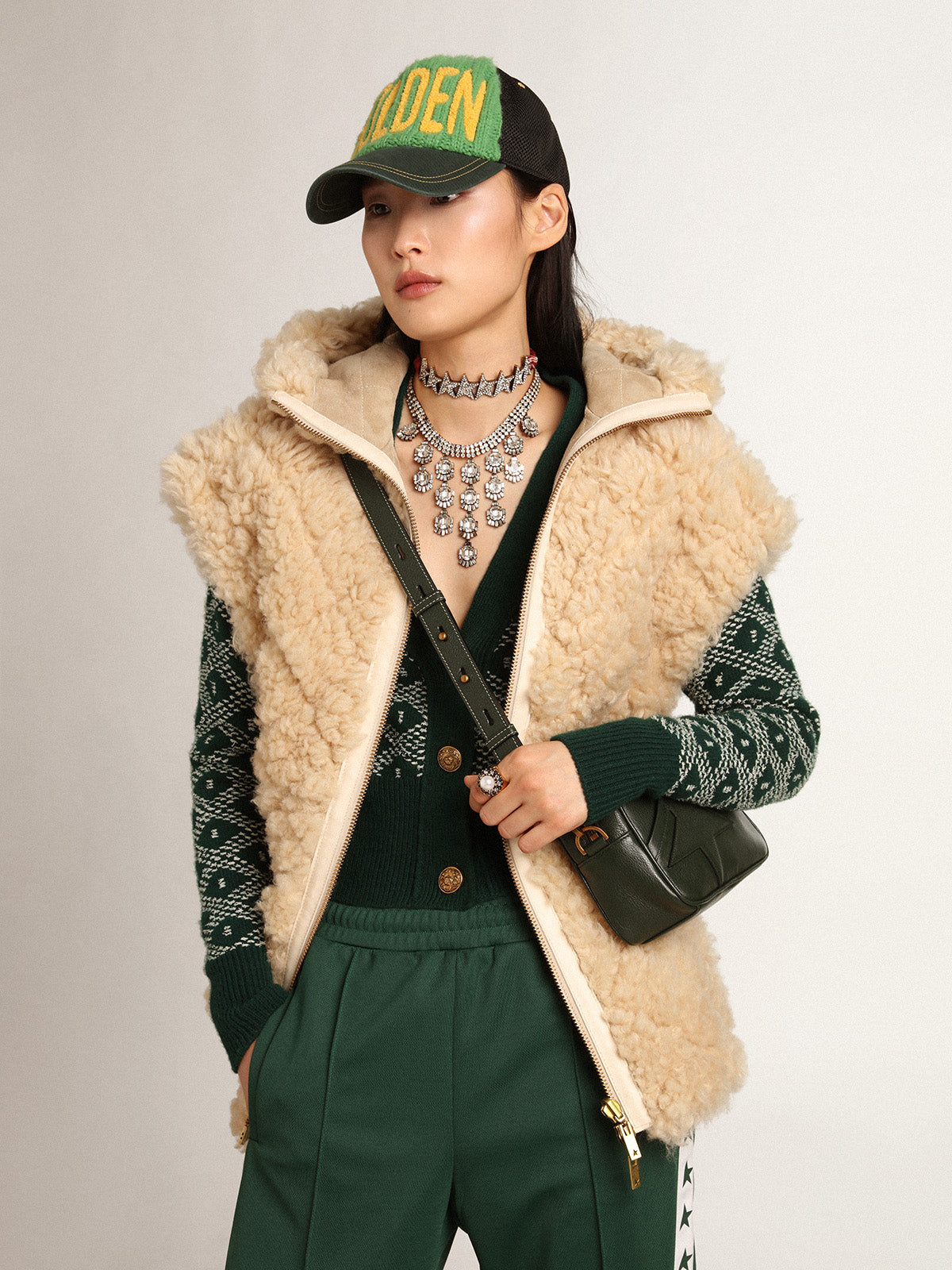Women's reversible sheepskin vest in ecru| Golden Goose