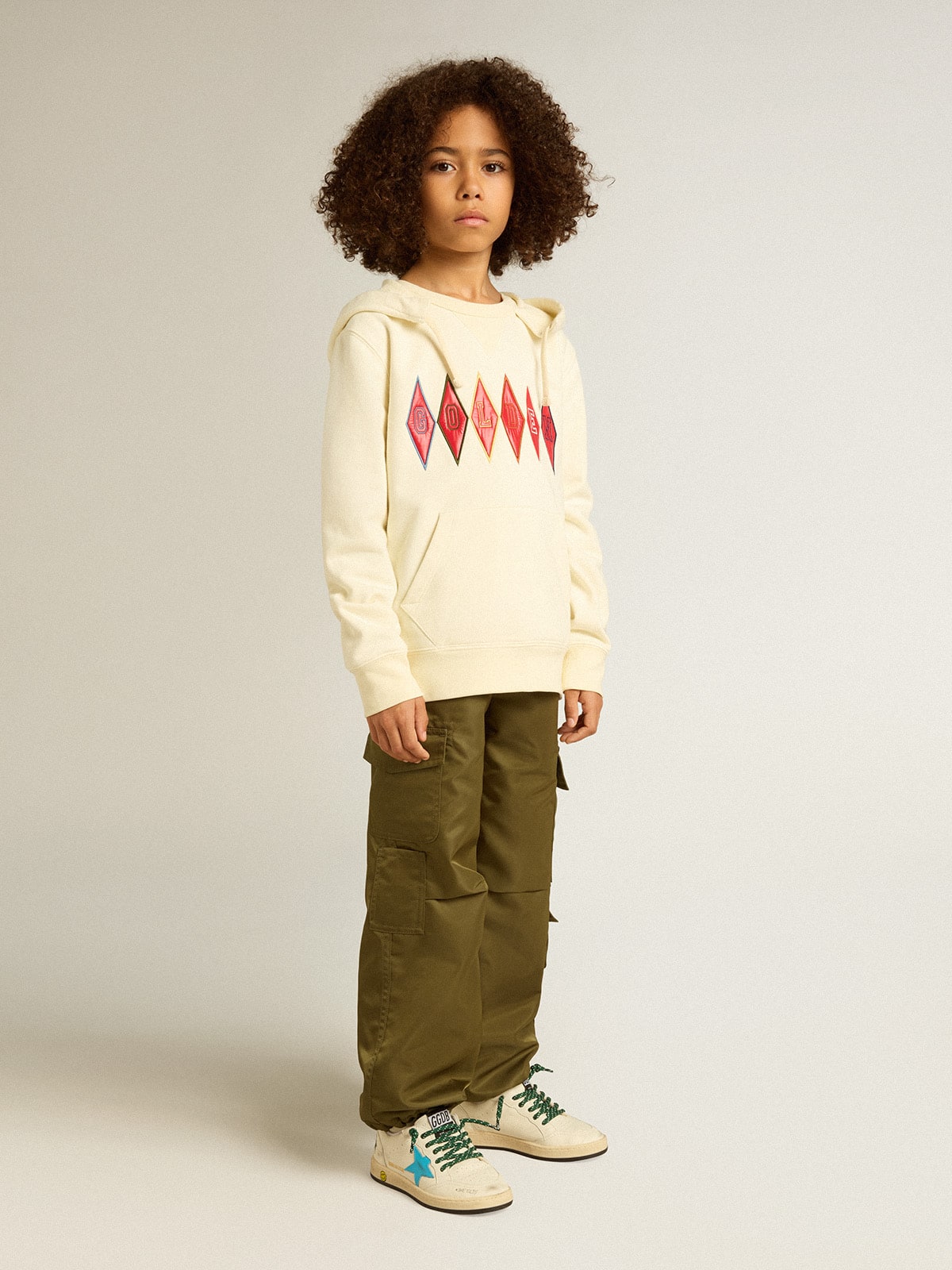 Hooded sweatshirt in worn white with Golden embroidery on the front| Golden Goose