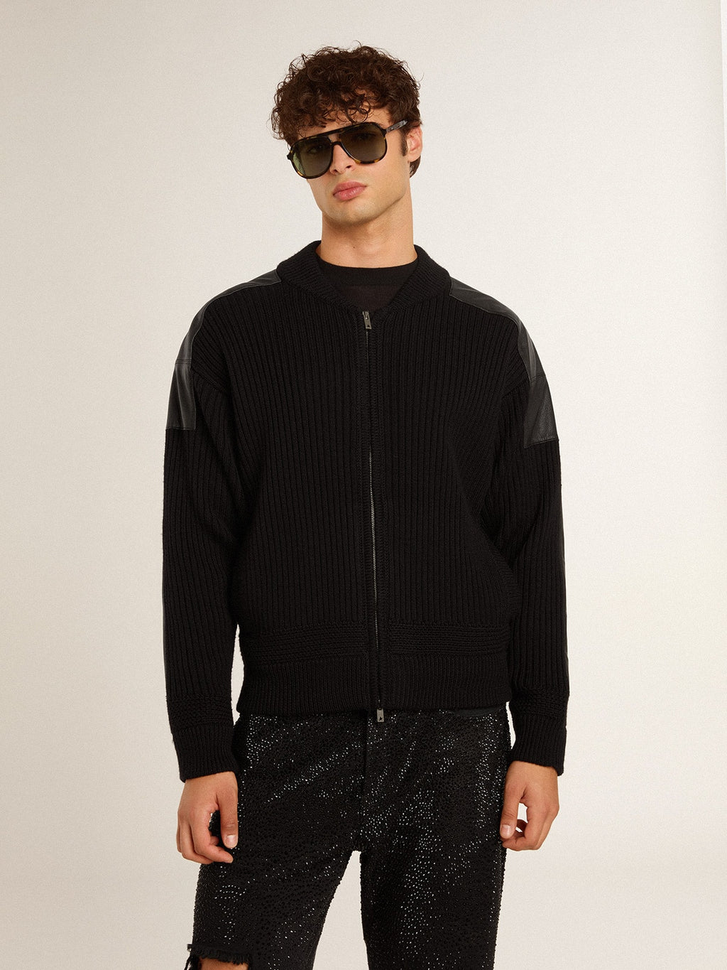 Men's black merino wool jacket with leather patches| Golden Goose