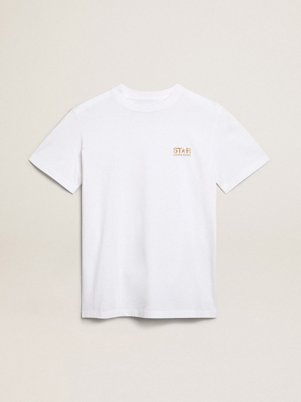 Women's white T-shirt with gold glitter logo and star| Golden Goose