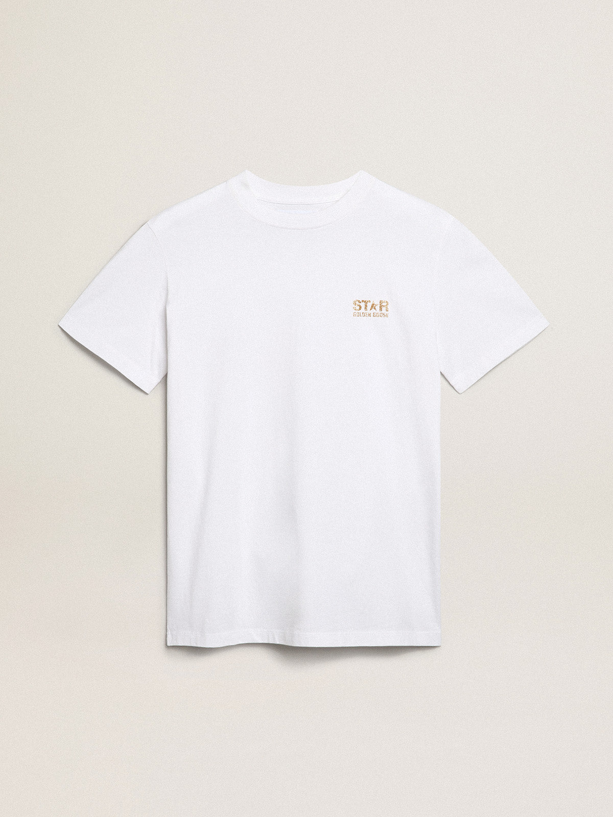 Women's white T-shirt with gold glitter logo and star| Golden Goose