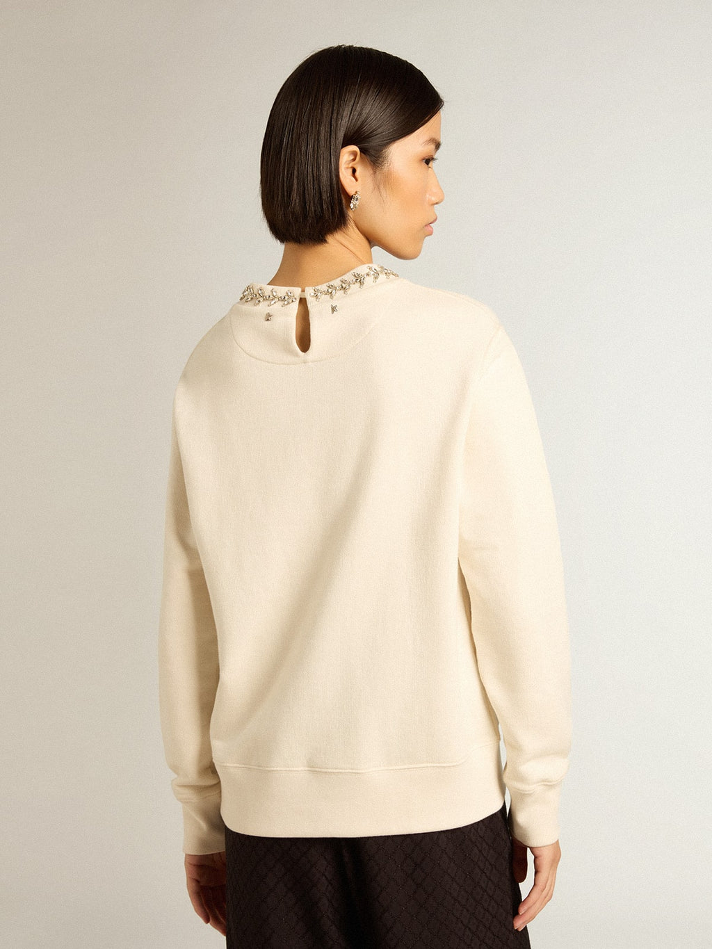 Round-neck cotton sweatshirt in aged white with hand-applied crystals| Golden Goose